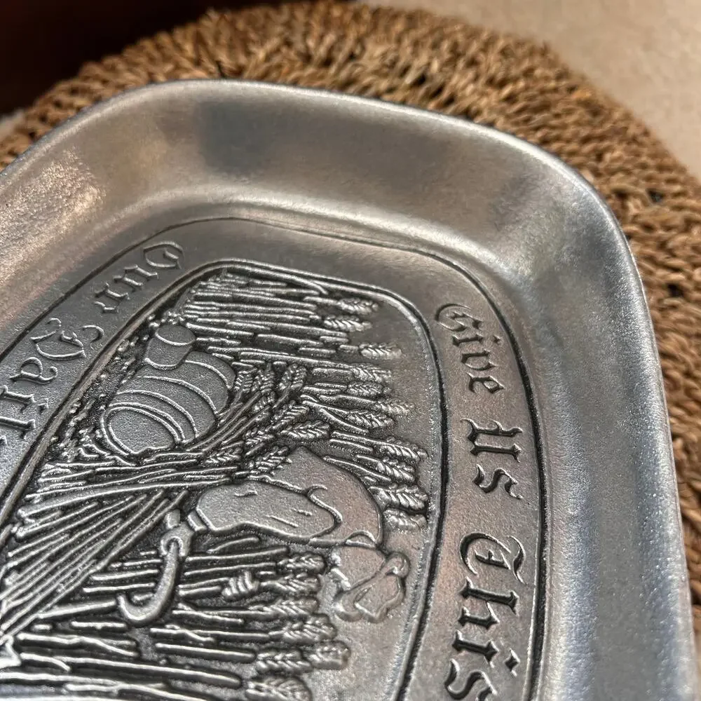 Vintage Pewter Tray with Give Us this Day Phrase and Farmer Working in Field